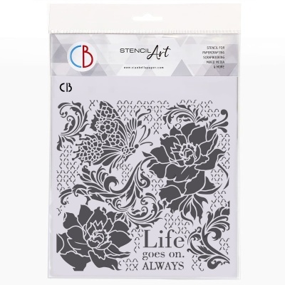 Stencil de arte com flores e texto Life goes on. ALWAYS