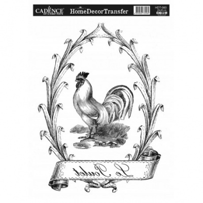 Transferência para decoração com galo desenhado em preto e branco e moldura decorativa com texto Le Poulet