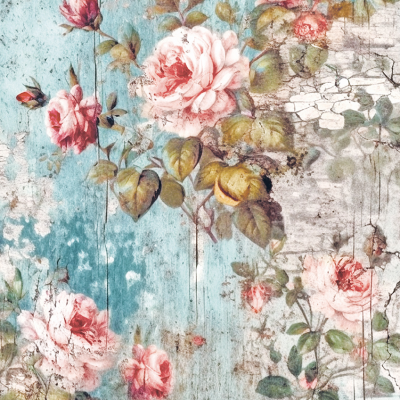 Papel de parede ou tecido com padrão floral vintage de rosas cor-de-rosa em fundo azul gasto