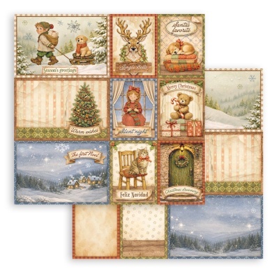 Papel decorativo de Natal vintage com várias ilustrações natalícias e textos festivos