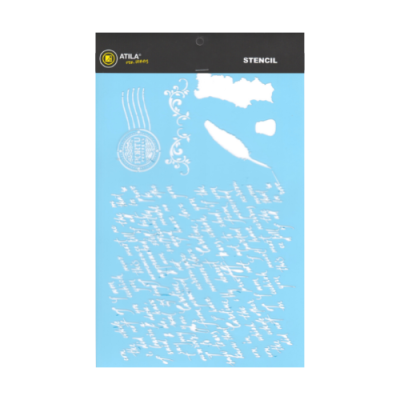 Stencil decorativo azul com letras brancas e elementos caligráficos