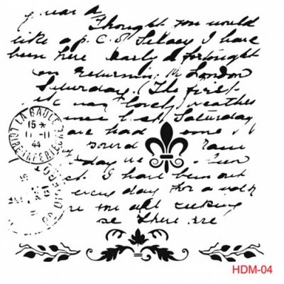 Decalque decorativo com texto manuscrito, carimbos postais e motivos florais em preto
