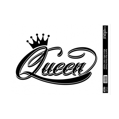 Decalque autocolante preto com a palavra 'Queen' e uma coroa.