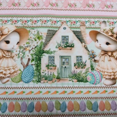 Dois coelhos em roupas creme junto a uma casa branca com porta e janelas verdes, ovos coloridos e padrões florais e geométricos ao fundo