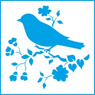 Estêncil azul de pássaro e flores sobre fundo branco