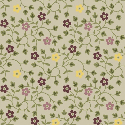 Padrão floral com flores roxo, lilás e amarelo e folhas verdes em fundo bege.