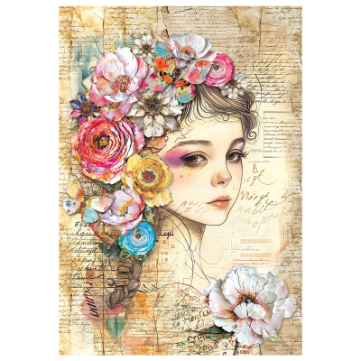Ilustração artística de jovem com flores e fundo envelhecido manuscrito