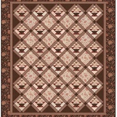 Tapete com padrão xadrez e desenhos de cestos em tons castanho, bege e rosa, com borda floral