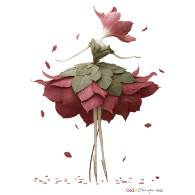 Escultura de figura feminina com vestido feito de pétalas de flor rosa e verde