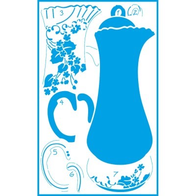 Jarra azul e branca com padrões florais e partes numeradas