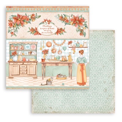 Papel decorativo natalício com ilustração de cozinha vintage e padrão ornamental verde claro no verso