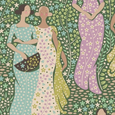 Ilustração de três mulheres com vestidos florais coloridos em fundo verde com flores e folhas.
