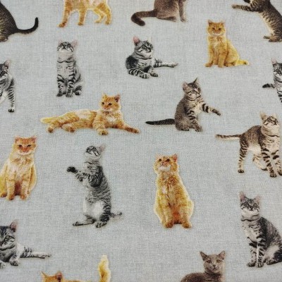 Tecido cinzento com padrão de gatos coloridos pequenos