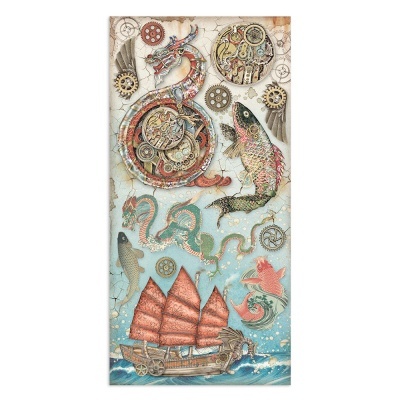 Ilustração de dragão, peixe e barco com engrenagens em fundo claro