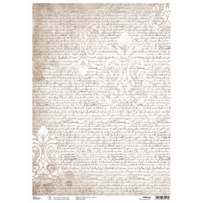 Folha de papel decorativa vintage com texto manuscrito e padrões florais em castanho e branco