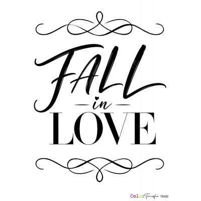 Texto decorativo preto e branco com a frase FALL in LOVE