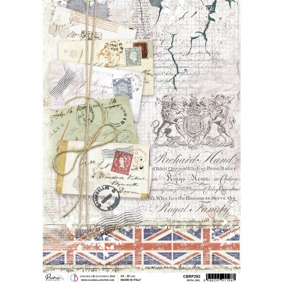 cartas antigas amarradas com cordão sobre fundo decorativo com brasão e bandeira do Reino Unido