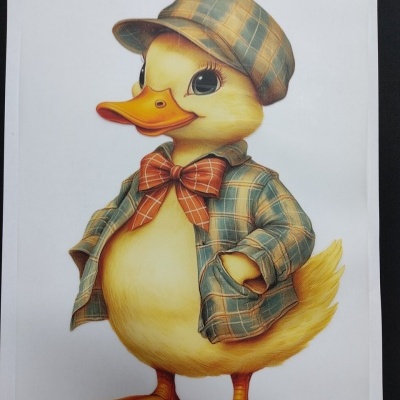 Desenho de um pato amarelo vestido com roupa xadrez e gravata borboleta em fundo branco.