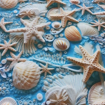 Conchas do mar e estrelas-do-mar sobre fundo azul com padrão em relevo