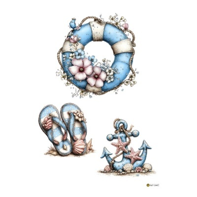 Elementos decorativos marítimos em azul e rosa com flores, conchas e âncora.