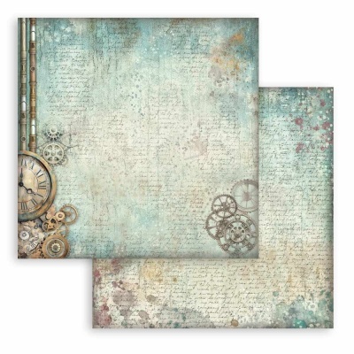 Folhas de papel decorativo vintage com relógio, engrenagens e texto manuscrito.