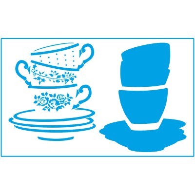 Ilustração de chávenas de chá e pires em azul com padrões florais e chávenas empilhadas com líquido derramado.