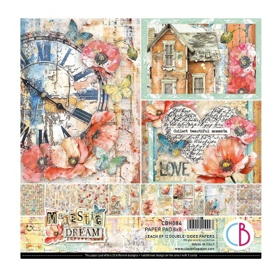 Papel decorativo para scrapbooking com relógios, flores rosa e vermelho, borboletas, casa estilizada cor castanha e texto inspirador, estilo vintage