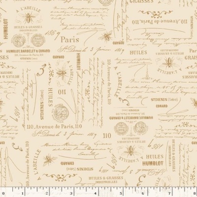 tecido bege com texto e selos vintage em castanho