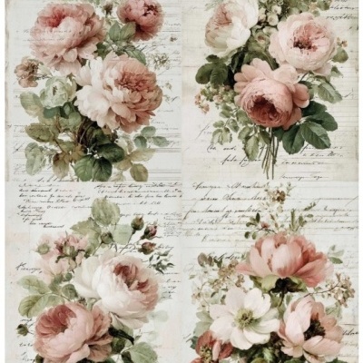 Quatro arranjos florais rosas e brancos sobre fundo vintage com texto manuscrito