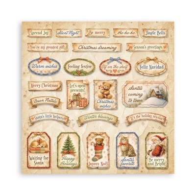 Etiquetas decorativas de Natal em papel com mensagens e desenhos festivos