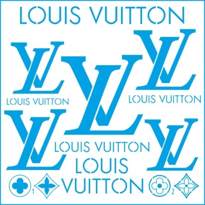 Logótipos azuis Louis Vuitton com letras LV e texto múltiplo