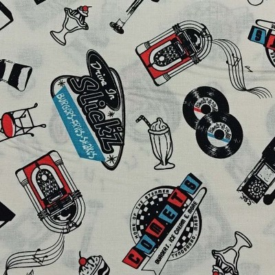 Tecido estampado com desenhos retro de jukebox, discos, milkshakes e texto