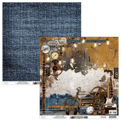 Folha dupla face para scrapbooking com padrão de ganga azul e ilustração vintage de objetos na parede