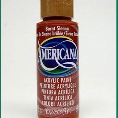 Frasco de tinta acrílica Americana Burnt Sienna com rótulo colorido