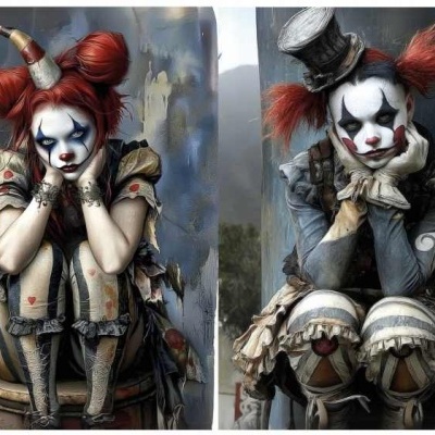 Duas figuras com roupa de palhaço em tons castanhos e vermelhos, com pintura facial branca e acessórios em tecido.