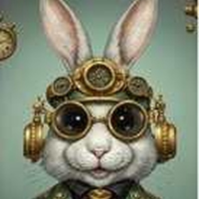 Ilustração de coelho branco com fato verde, gravata amarela e capacete dourado com acessórios mecânicos