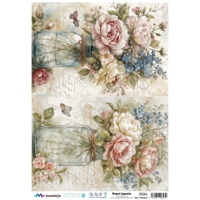 Papel japonês para decoupage com flores e jarra de vidro