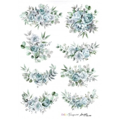 Oito arranjos florais em tons de verde, azul e branco em estilo aquarela