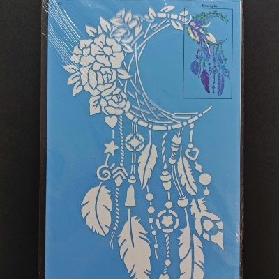 Estêncil azul com desenho de apanhador de sonhos branco em plástico