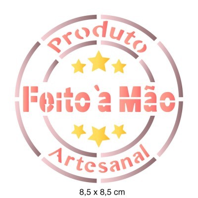 Selo redondo com texto 'Produto Artesanal' e 'Feito à Mão' em vermelho e estrelas amarelas
