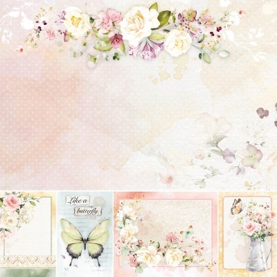Papel decorativo com flores e borboletas em tons pastel com texto