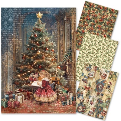 Papéis decorativos de Natal com árvore, presentes, menina a desenhar e padrões festivos