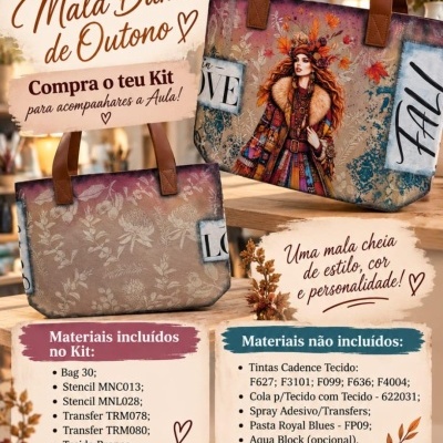 Mala de senhora em tecido com alças castanho claras e estampa outonal, em ambiente decorado com elementos de outono e texto promocional de aula online