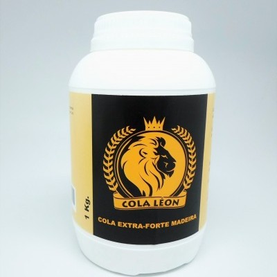 Frasco branco 1 kg cola extra-forte com rótulo preto e amarelo com leão coroado