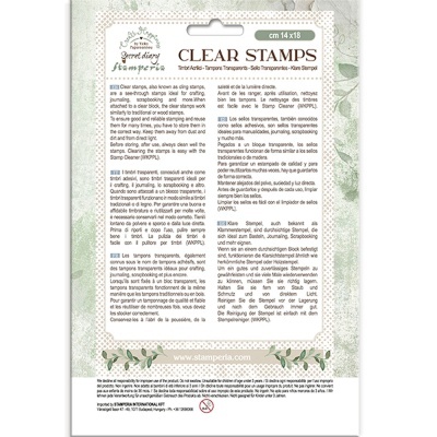 Embalagem de Clear Stamps da Stamperia com texto informativo multilíngue e design floral verde e bege