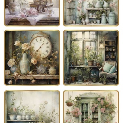 Seis imagens quadradas com flores, relógios antigos, vasos azuis e brancos, móveis rústicos e plantas em estilo vintage