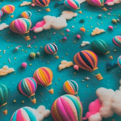 Padrão colorido com balões de ar quente e nuvens sobre fundo azul
