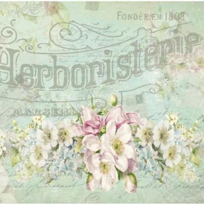 Fundo floral pastel com texto Herboristerie e FONDÉE EN 1803