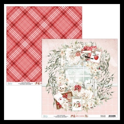 Folhas de papel decorativo com padrão xadrez vermelho e ilustração de coroa de flores e janela