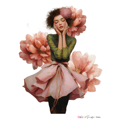 Mulher com vestido verde e saia rosa rodeada por flores grandes cor-de-rosa